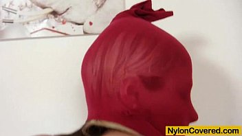 [Spandex Mask On, Pantyhose, Hot Blonde] Hot Blonde Red Spandex Mask On Our Face